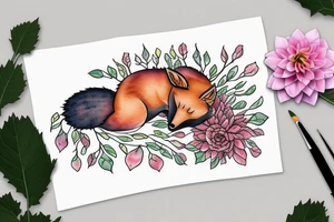Fox sleeping in dahlias tattoo idea