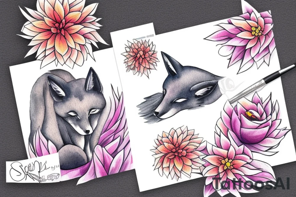 Fox sleeping in dahlias tattoo idea