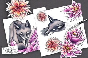 Fox sleeping in dahlias tattoo idea