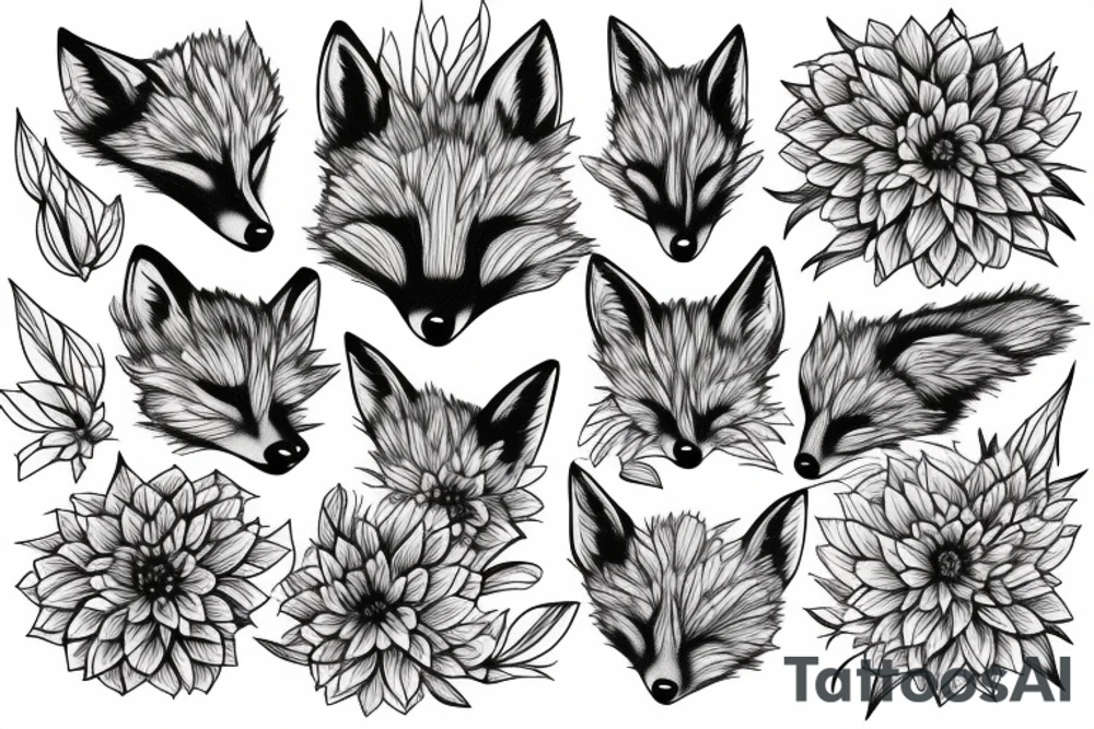 Fox sleeping in dahlias tattoo idea
