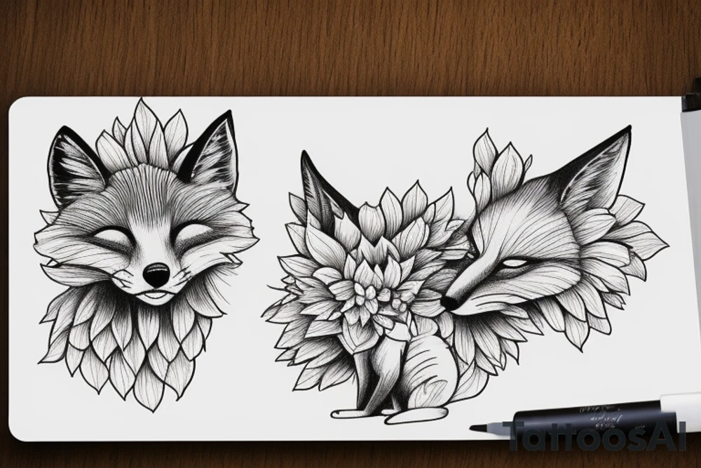 Fox sleeping in dahlias tattoo idea