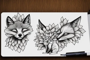 Fox sleeping in dahlias tattoo idea