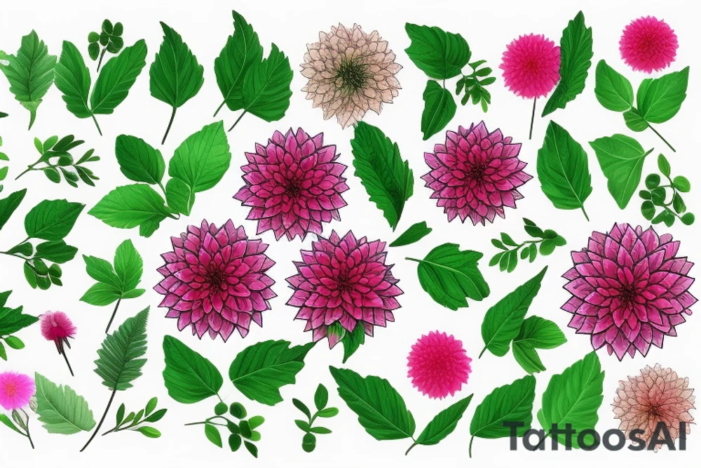 Pink Dahlias and green leaves tattoo idea