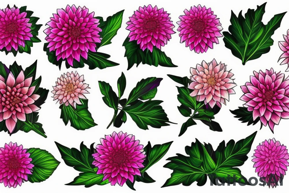 Pink Dahlias and green leaves tattoo idea
