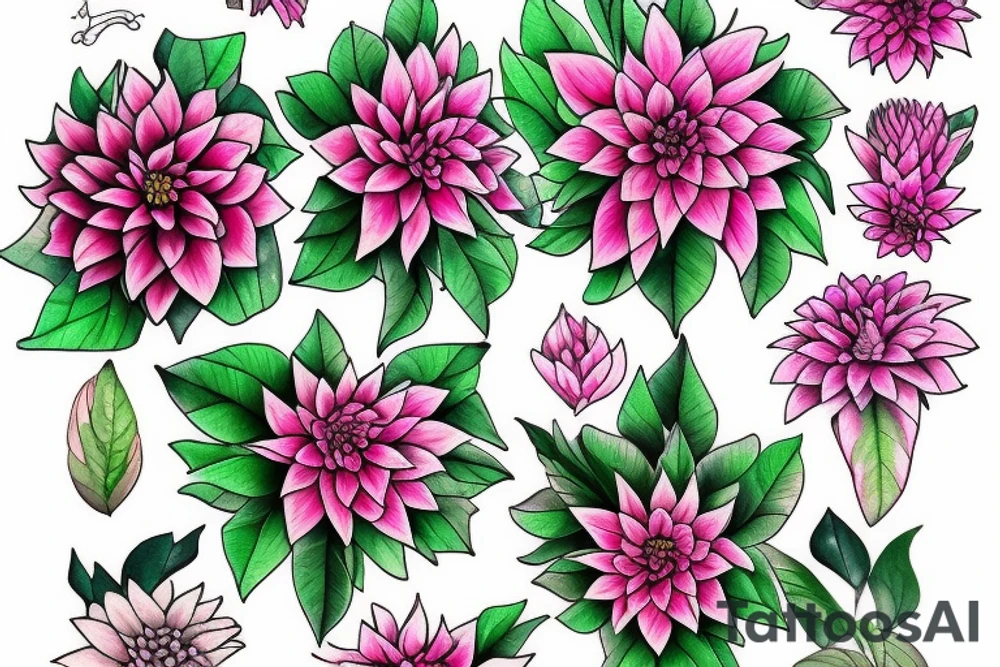 Pink Dahlias and green leaves tattoo idea