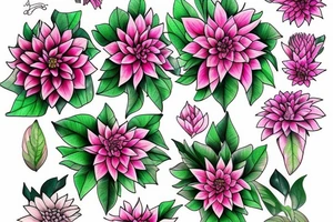 Pink Dahlias and green leaves tattoo idea