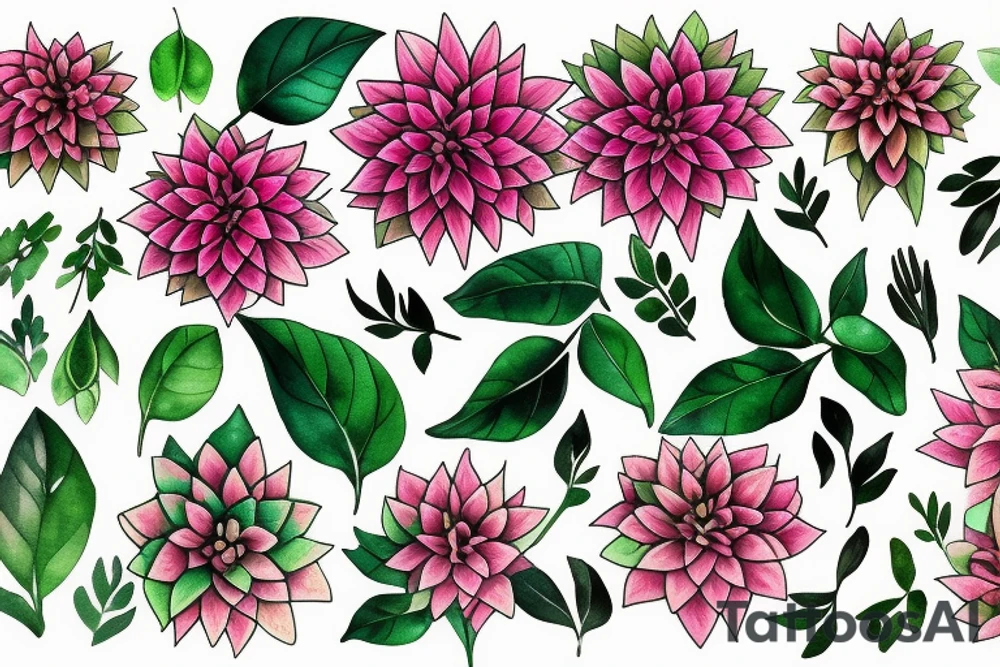 Pink Dahlias and green leaves tattoo idea