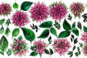 Pink Dahlias and green leaves tattoo idea