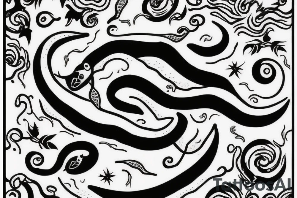 Vertical snake with forked tongue with crescent moon above the snake tattoo idea