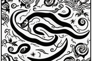 Vertical snake with forked tongue with crescent moon above the snake tattoo idea