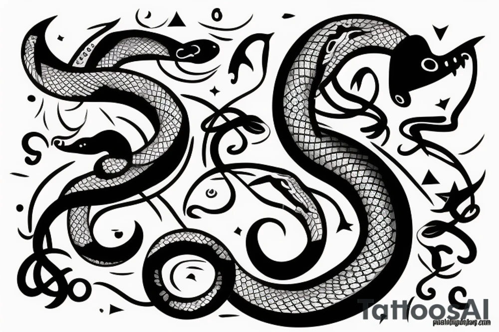 Vertical snake with forked tongue with crescent moon above the snake tattoo idea