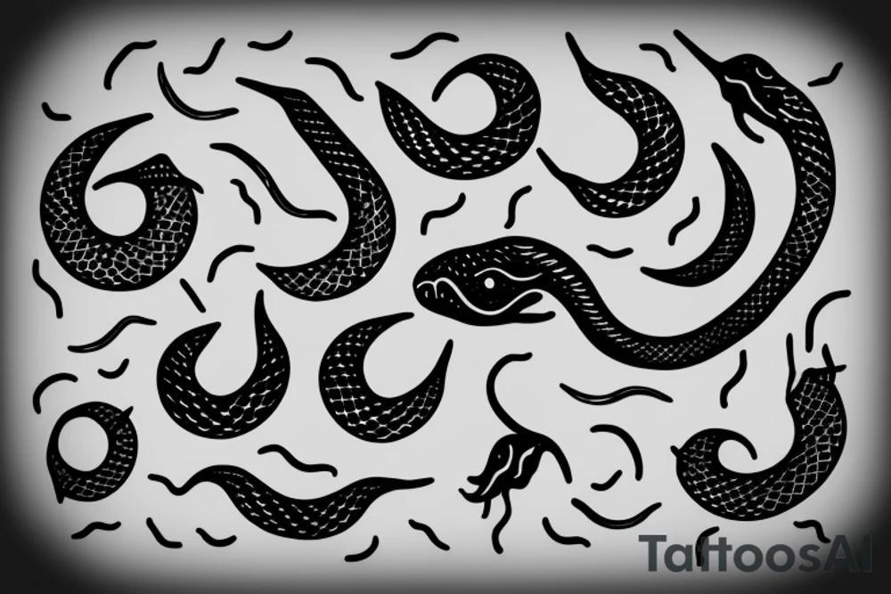 Vertical snake with forked tongue with crescent moon above the snake tattoo idea