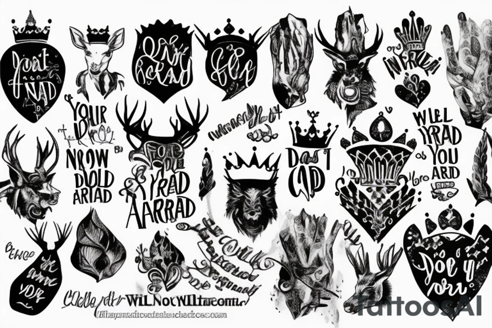 Fire, heart, crown, queen, blade, “you do not yield”, “I will not be afraid”, white stag tattoo idea