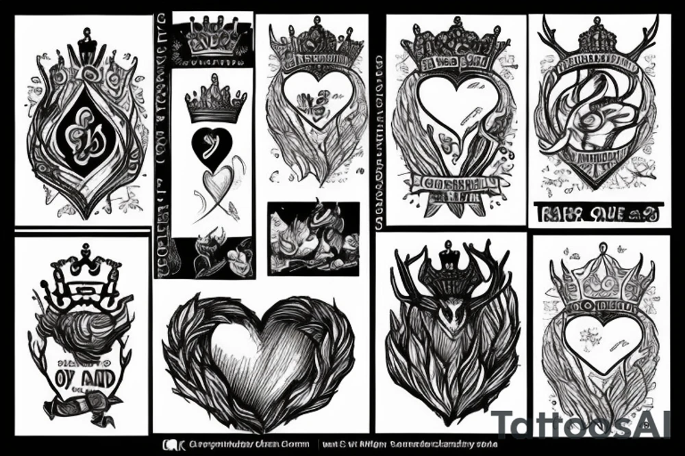 Fire, heart, crown, queen, blade, “you do not yield”, “I will not be afraid”, white stag tattoo idea