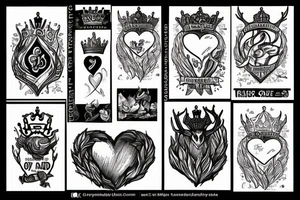 Fire, heart, crown, queen, blade, “you do not yield”, “I will not be afraid”, white stag tattoo idea