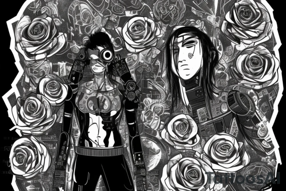 A cyberpunk man with a half-human and half-robot body inside a halo with roses tattoo idea