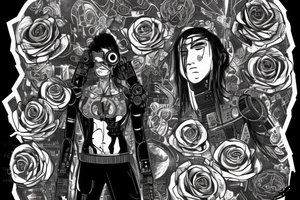 A cyberpunk man with a half-human and half-robot body inside a halo with roses tattoo idea