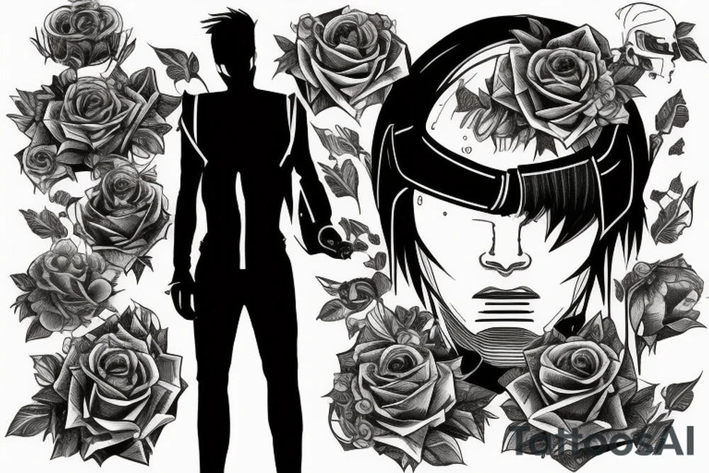 A cyberpunk man with a half-human and half-robot body inside a halo with roses tattoo idea