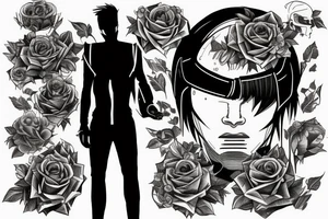 A cyberpunk man with a half-human and half-robot body inside a halo with roses tattoo idea