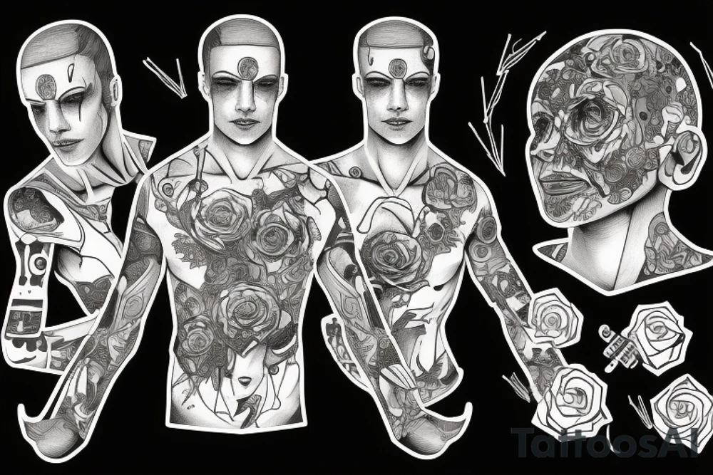 A cyberpunk man with a half-human and half-robot body inside a halo with roses tattoo idea