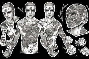 A cyberpunk man with a half-human and half-robot body inside a halo with roses tattoo idea