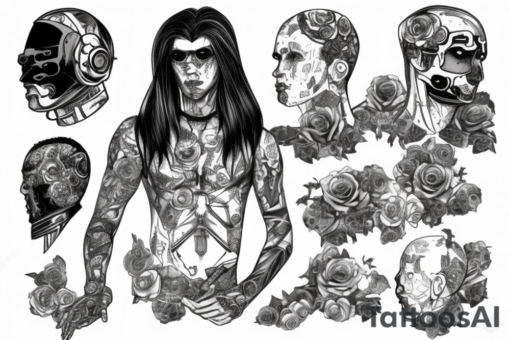 A cyberpunk man with a half-human and half-robot body inside a halo with roses tattoo idea