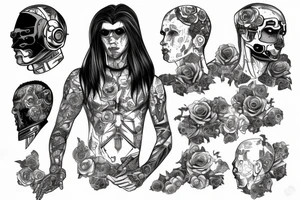 A cyberpunk man with a half-human and half-robot body inside a halo with roses tattoo idea