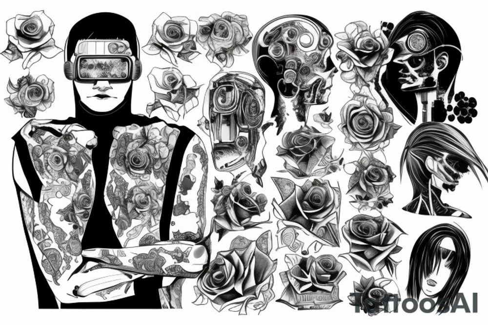 A cyberpunk man with a half-human and half-robot body surrounded by a halo with roses tattoo idea