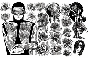 A cyberpunk man with a half-human and half-robot body surrounded by a halo with roses tattoo idea