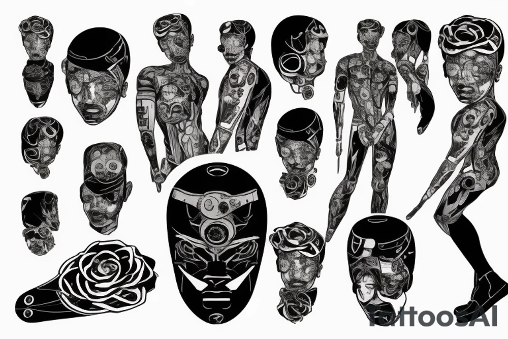 A cyberpunk man with a half-human and half-robot body surrounded by a halo with roses tattoo idea