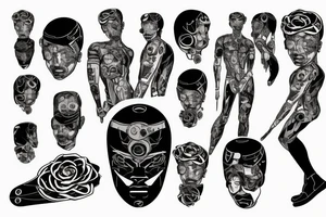 A cyberpunk man with a half-human and half-robot body surrounded by a halo with roses tattoo idea