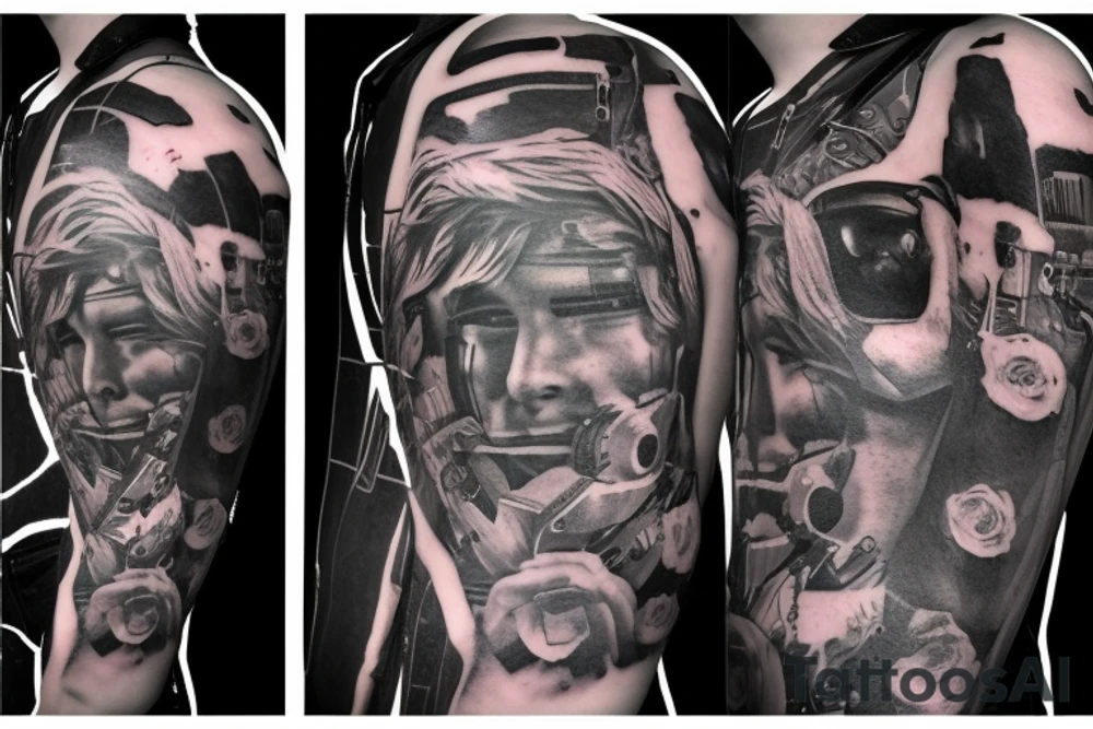 A cyberpunk man with a half-human and half-robot body surrounded by a halo with roses tattoo idea