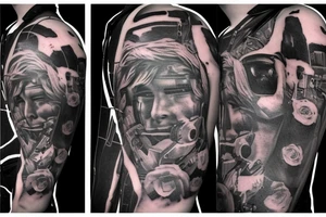 A cyberpunk man with a half-human and half-robot body surrounded by a halo with roses tattoo idea