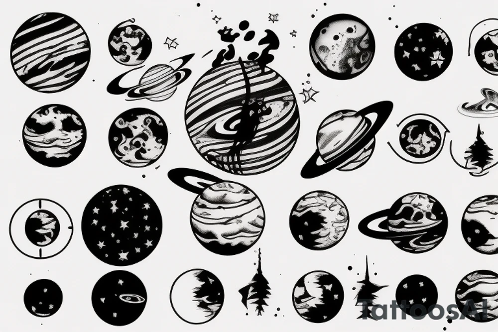 sleave tattoo, a lack passing through, surrounded by forest, with a reflection of the planets in the water with the actual planets in the moonlight sky tattoo idea