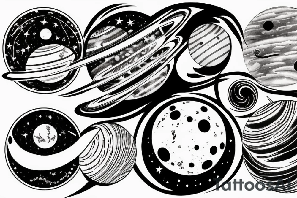 sleave tattoo, a lack passing through, surrounded by forest, with a reflection of the planets in the water with the actual planets in the moonlight sky tattoo idea