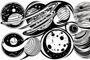 sleave tattoo, a lack passing through, surrounded by forest, with a reflection of the planets in the water with the actual planets in the moonlight sky tattoo idea