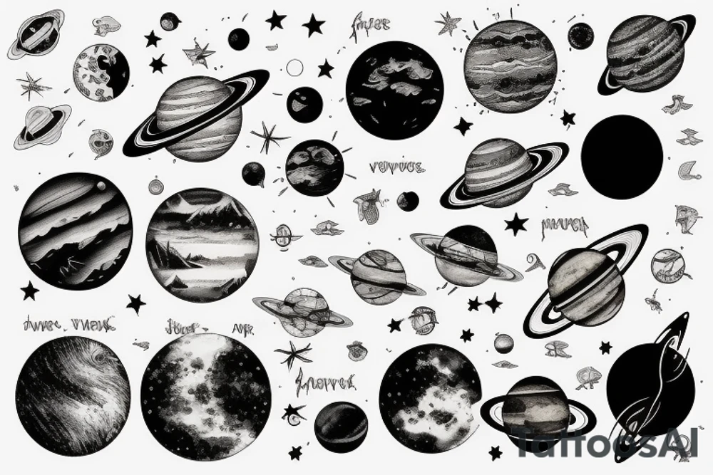 sleave tattoo, a lake passing through, surrounded by forest, with a reflection of the planets in the water with the actual planets in the moonlight sky tattoo idea