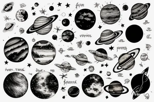 sleave tattoo, a lake passing through, surrounded by forest, with a reflection of the planets in the water with the actual planets in the moonlight sky tattoo idea
