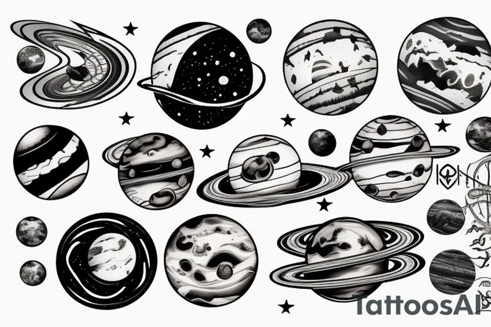 sleave tattoo, a lake passing through, surrounded by forest, with a reflection of the planets in the water with the actual planets in the moonlight sky tattoo idea