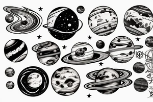 sleave tattoo, a lake passing through, surrounded by forest, with a reflection of the planets in the water with the actual planets in the moonlight sky tattoo idea