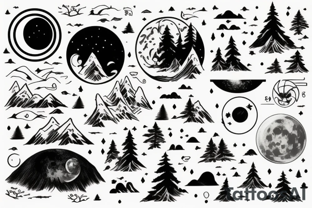 sleave tattoo, a lake passing through, surrounded by forest, with a moon in the sky tattoo idea