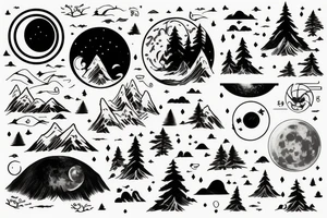 sleave tattoo, a lake passing through, surrounded by forest, with a moon in the sky tattoo idea