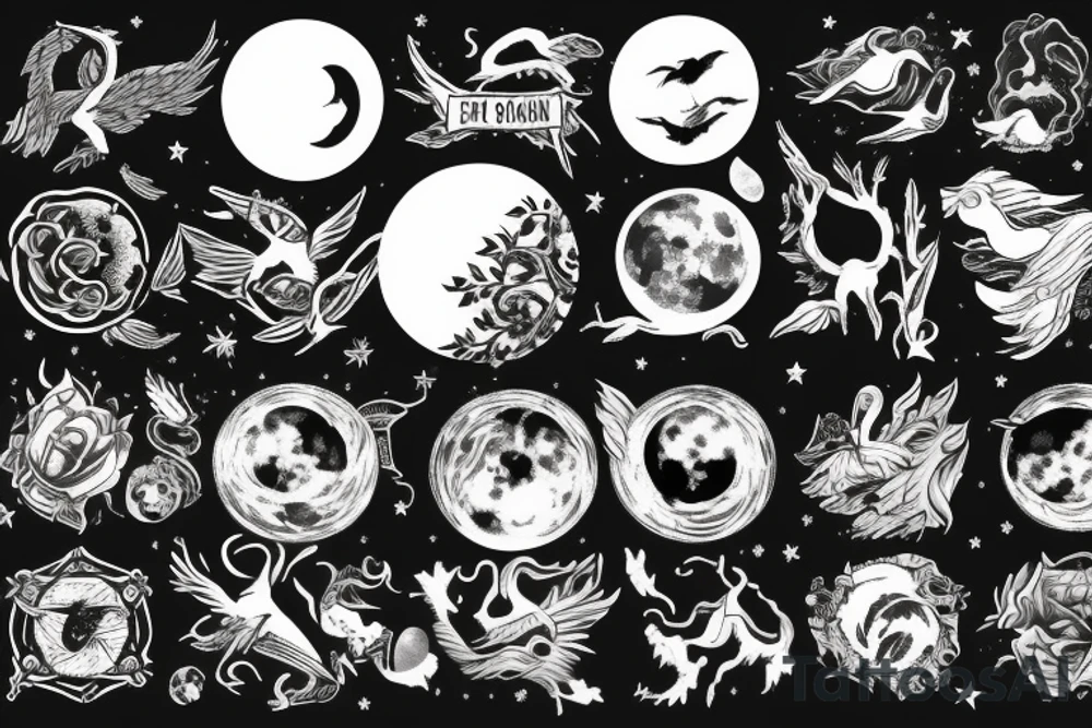 sleave tattoo, a lake passing through, surrounded by forest, with a moon in the sky tattoo idea