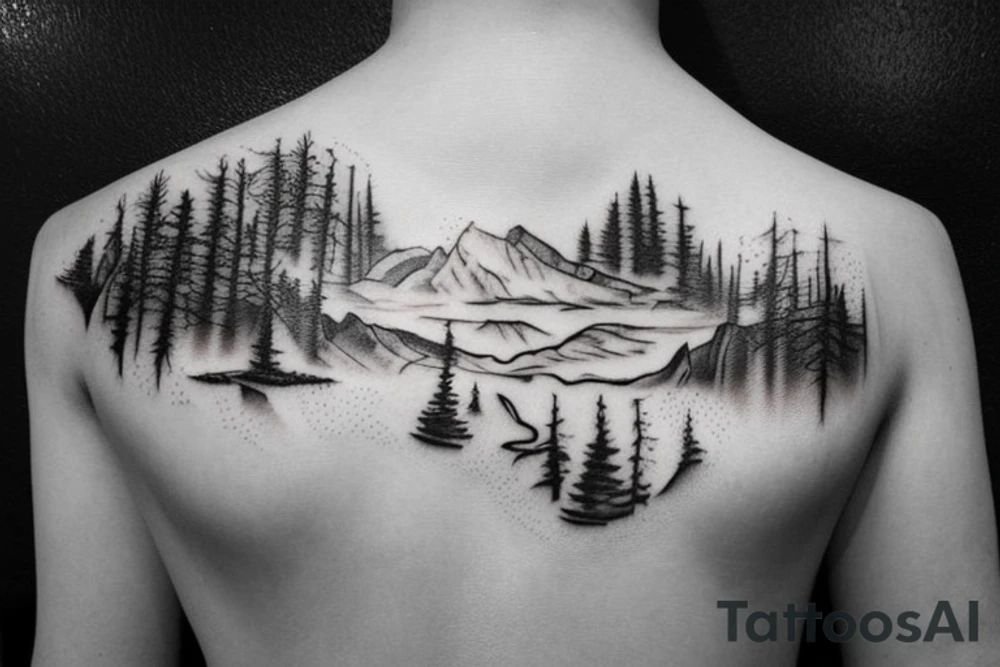 river passing through a forest tattoo idea