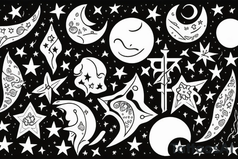 fire with moon and star tattoo idea