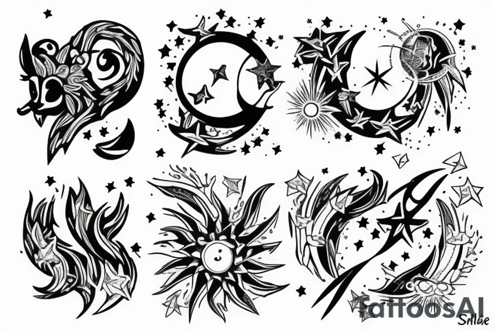 fire with moon and star tattoo idea