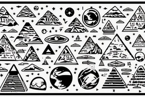 Astronaut floating over pyramids of Giza With hieroglyfs and ancient egypt artifacts under space with big ufo’s and planets from a far tattoo idea
