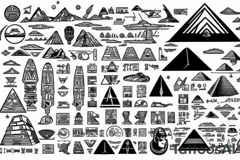 Astronaut floating over pyramids of Giza With hieroglyfs and ancient egypt artifacts under space with big ufo’s and planets from a far tattoo idea