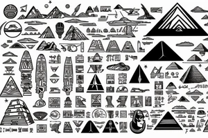 Astronaut floating over pyramids of Giza With hieroglyfs and ancient egypt artifacts under space with big ufo’s and planets from a far tattoo idea