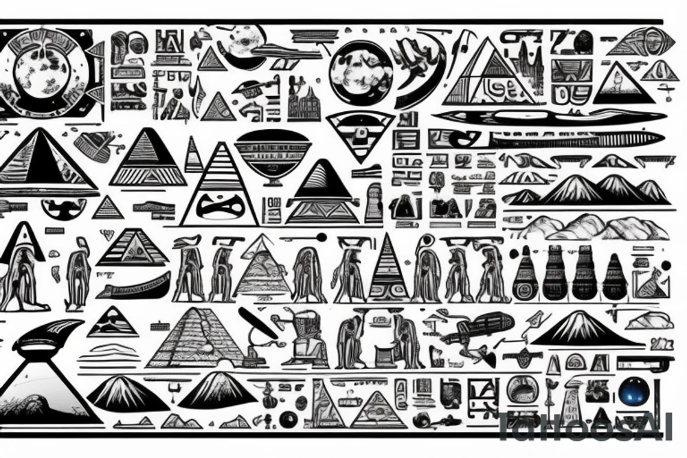 Astronaut floating over pyramids of Giza With hieroglyfs and ancient egypt artifacts under space with big ufo’s and planets from a far tattoo idea